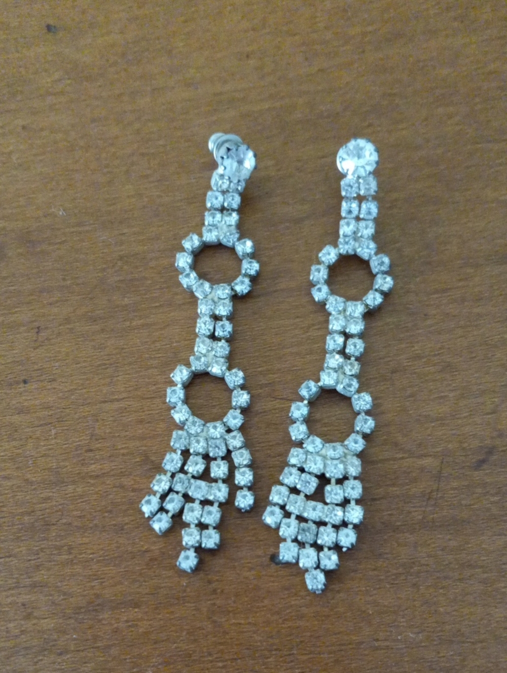 Vintage Silver Tone Clear Rhinestone Geometric Dangle Statement Earrings